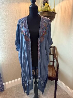 Blue Embroidered Fringe Kimono